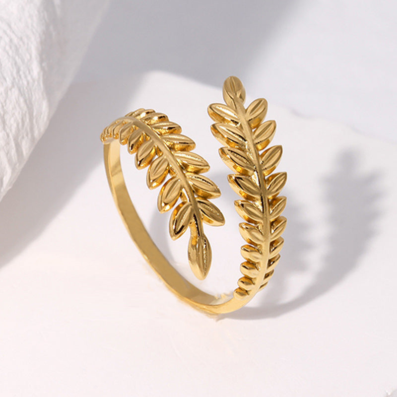twin olive ring in gold finish; elegant twin olive ring for women