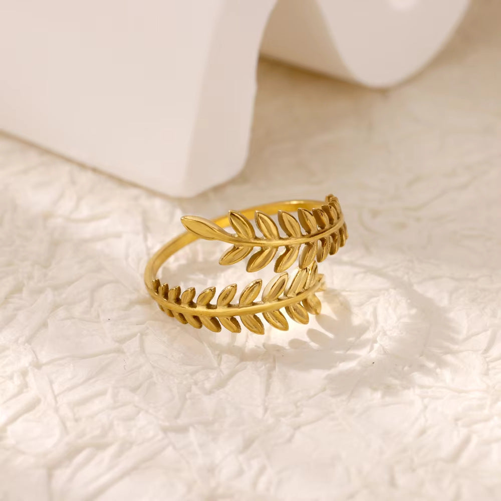 twin olive ring in gold finish; elegant twin olive ring for women