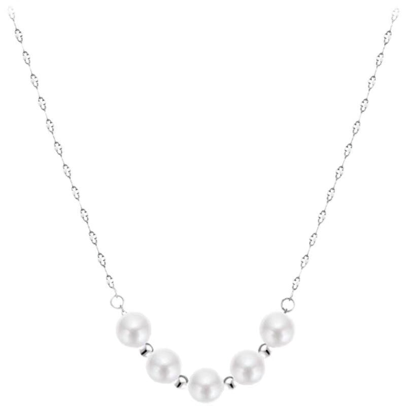 Elegant close-up of Silver-Pearl Grace Necklace displayed on a velvet stand