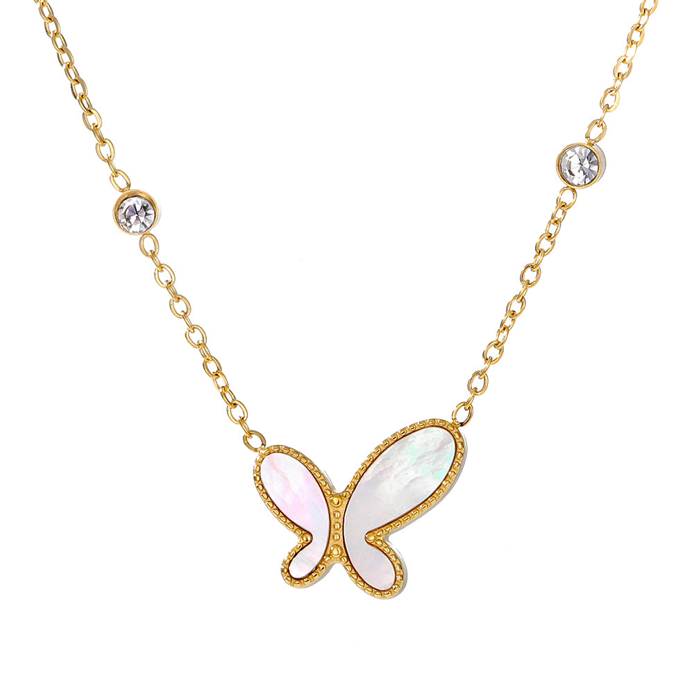 Elegant close-up of Butterfly Gleam Necklace displayed on a velvet stand