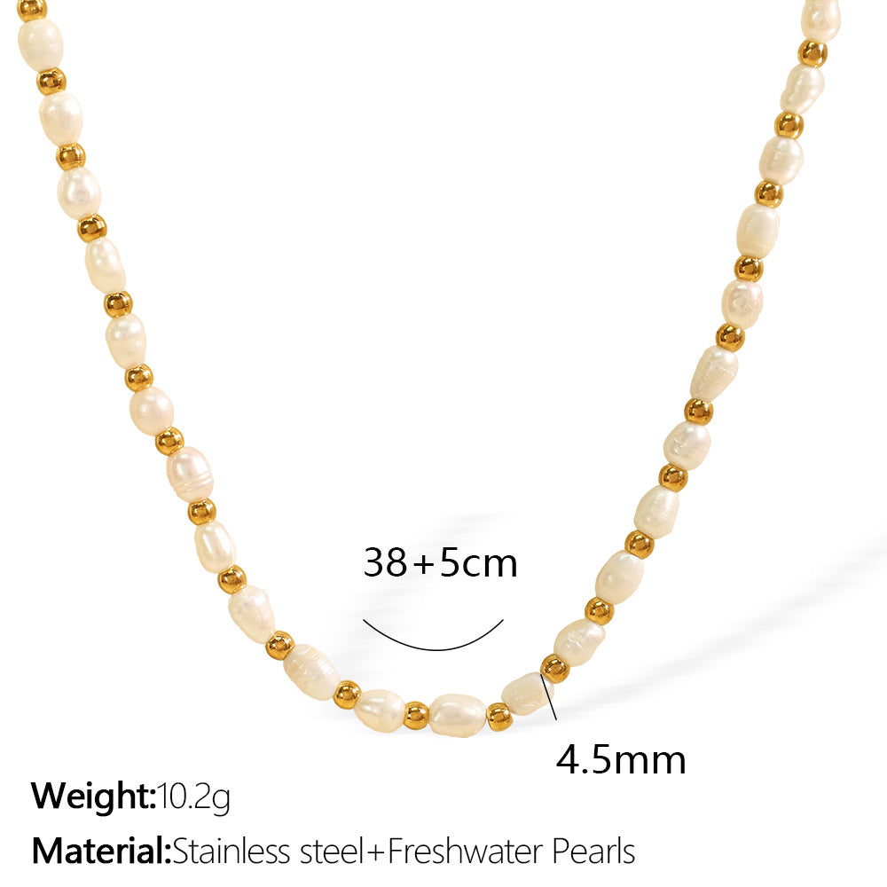 Elegant close-up of Celene Gold-Pearl Necklace displayed on a velvet stand