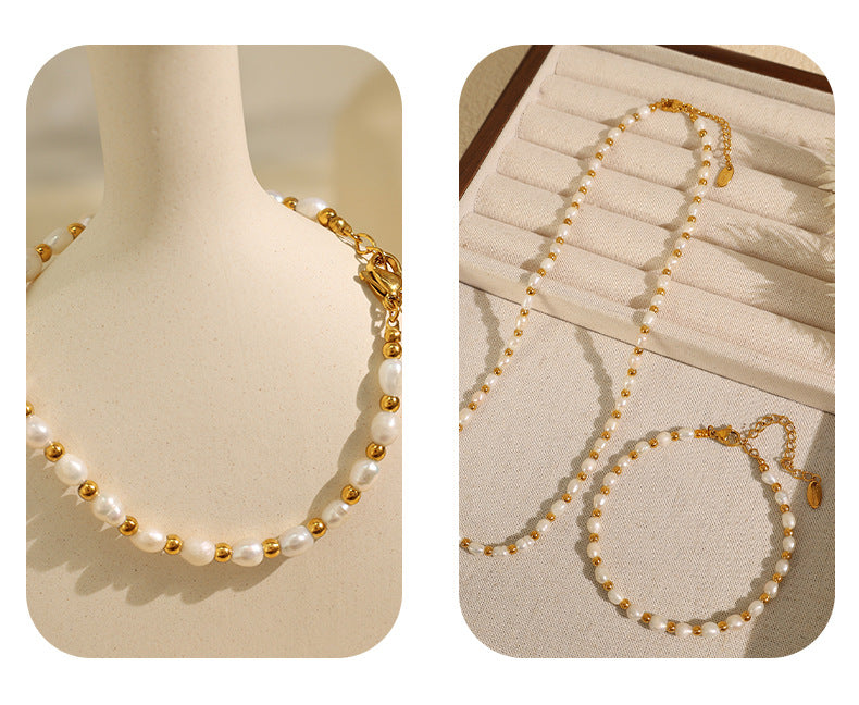 Elegant close-up of Celene Gold-Pearl Necklace displayed on a velvet stand